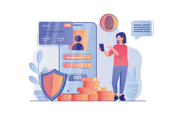 Poster - Secure payment concept with people scene. Woman accesses application using password and fingerprint scanner, makes financial transaction. Vector illustration with characters in flat design for web