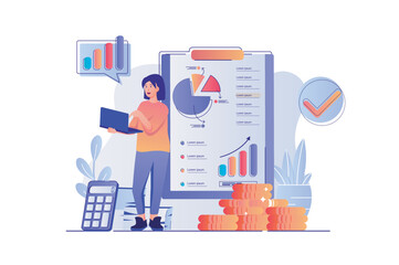 Aufkleber - Accounting concept with people scene. Woman bookkeeper making research of financial data and statistics, company profit or business income. Vector illustration with characters in flat design for web
