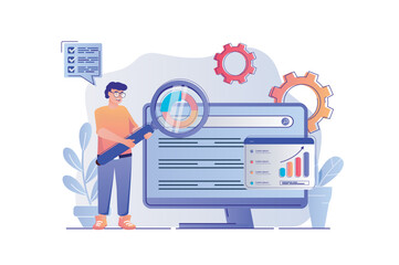 Wall Mural - SEO analysis concept with people scene. Man settings site for search engines, analyzes statistics of web page, improvement and optimization. Vector illustration with characters in flat design for web