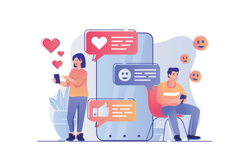 Aufkleber - Social network concept with people scene. Woman and man writing messages, chatting, dating, browsing news feed, posts and likes in app. Vector illustration with characters in flat design for web