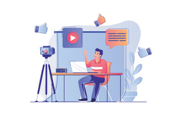 Aufkleber - Blogging concept with people scene. Man blogger recording new video at camera, writes posts in blog for followers, making live broadcasting. Vector illustration with characters in flat design for web