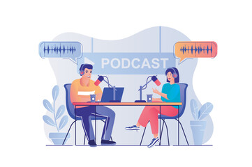 Aufkleber - Podcast streaming concept with people scene. Woman and man speaking into microphone and broadcasting live at studio. Host talking with guest. Vector illustration with characters in flat design for web