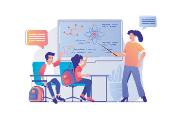 Poster - School learning concept with people scene. Boy and girl pupils studying in classroom, teacher explaining lesson and pointing at blackboard. Vector illustration with characters in flat design for web