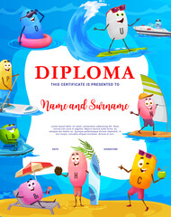 Wall Mural - Kids diploma. Cartoon vitamin characters on summer vacation. Child winner or achievement certificate, kids diploma with summer vitamins pills cute characters surfing, swimming and sunbathing on beach