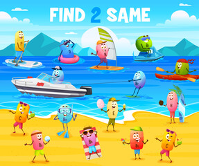 Wall Mural - Find two same cartoon vitamin characters on summer beach vacation. Children riddle, quiz game vector worksheet with sunbathing, diving, windsurfing and kayaking A, B, C and D vitamins pills personages