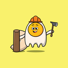 Wall Mural - Cute cartoon fried eggs as carpenter character with ax and wood in flat modern style