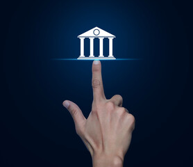 Wall Mural - Hand pressing bank flat icon over blue background, Business banking online concept