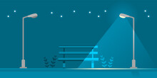 Electric Streetlight Bulb Poles Illuminated Light With Broken Worn-out Streetlight Pole Power Outage In Public Park Garden With Wooden Bench Night Star On Dark Blue Background Flat Vector Icon Design.