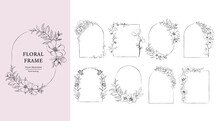 Floral Frame Set . Hand Drawn Botanical Vector Illustration. Flower Wreath Black And White.