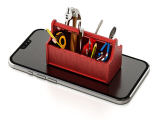 Wall Mural - Toolbox with repair tools standing on generic smartphone. 3D illustration