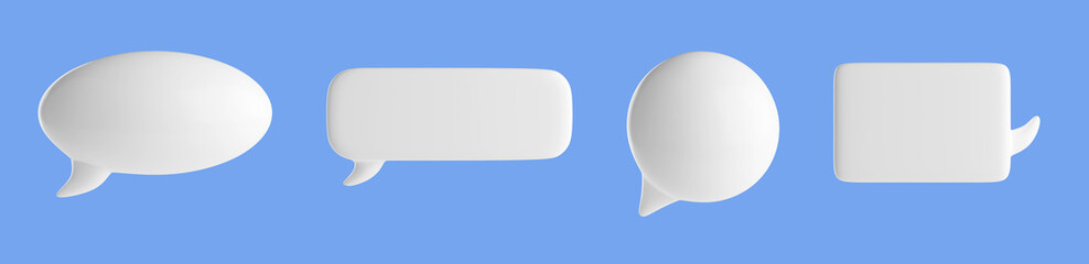 Fototapete - 3d render speech bubbles, isolated white communication and thought balloons. Dialogue, speak and message boxes, frames, design elements on blue background Illustration in cartoon plastic style