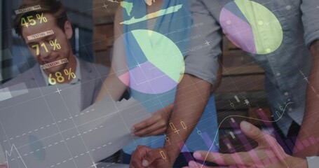 Poster - Animation of pizza icons and data processing over african american man using laptop at office