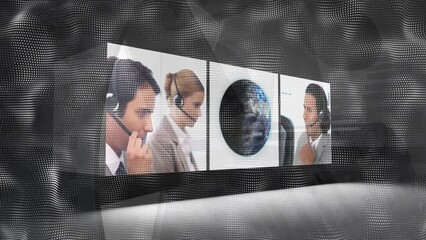Poster - Animation of wave over business people using phone headset on screens