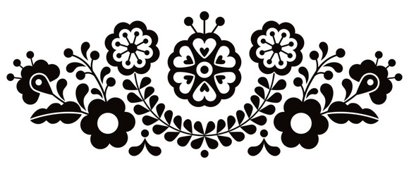 Wall Mural - Mexican folk art style vector floral pattern long horizontal oriented, designs inspired by traditional embroidery from Mexico in black and white
 