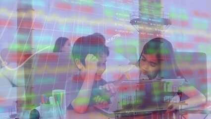 Wall Mural - Animation of data processing over biracial children using laptop