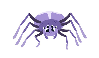 Poster - Happy cute spider with eyes and legs. Funny arachnid, childish character. Smiling comic insect with positive expression, emotion. Kids flat vector illustration isolated on white background