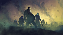Zombie Warriors In Armor Stand On A Hill With Axes And Poleaxes Ready For Battle. 2d Illustration