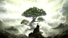 Viking Adventurer Discovered A Giant Tree - Yggdrasil And Looks At It From A Cliff Against The Backdrop Of Sunlight. 2d Illustration