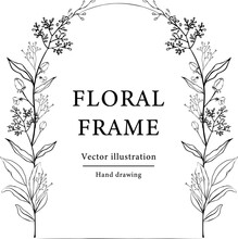 Hand Drawn Floral Frame.  Botanical Wreath Borders And Divider With Branch Vector Illustration On White Isolated Background.  
