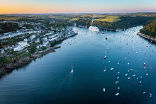 Aerial View Of Cruise Ship, Fowey Harbour, Cornwall, UK.