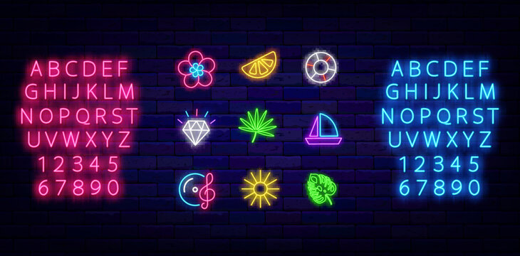 Summer neon icons collection. Luminous blue and pink alphabet. Palm leaf and monstera. Vector stock illustration