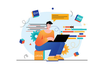 Poster - Programming concept with people scene in the flat cartoon design. Programmer writes code for an application using one of the programming languages. Vector illustration.