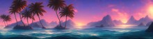 Tropical Paradise Beach, Beautiful Magical Palm Trees Hanging On The Seashore. Blue Sky And Azure Sea Water. Sun Illuminates The Coast Beach And The Ocean. 3d Illustration