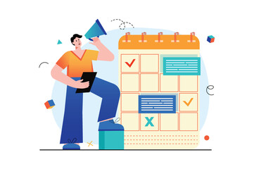 Poster - Daily planner concept with people scene in the flat cartoon design. Man makes a list of plans for the day and enter them into his calendar. Vector illustration.