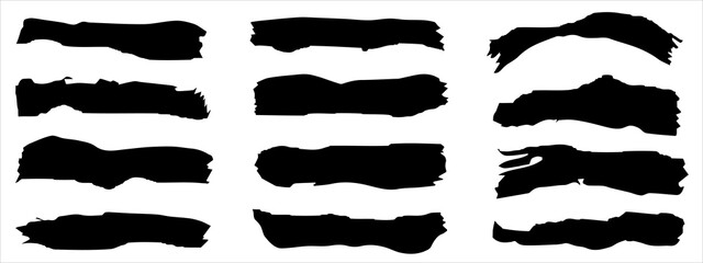 Wall Mural - Vector collection of artistic grungy black paint hand made creative brush stroke set isolated on banner background. A group of abstract grunge sketches for design education or graphic art decoration