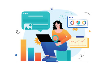 Poster - Searching internet concept with people scene in the flat cartoon design. Woman searches the Internet for the most important information among a large amount of information. Vector illustration.