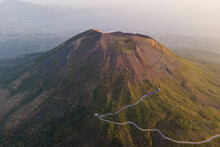 Aerial View Of Mount Vesuvius Crater At Sunset, A Volcano In Naples, Campania, Italy.