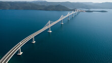 Aerial View Of Peljeski Bridge, A Suspended Railroad And Highway Crossing The Bay Of Mali Ston In Croatia.