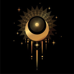 Magic gold crescent with sun. For print for T-shirts and bags, decor element.