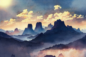 Sticker - Morning light in the mountains watercolor landscape. High quality 3d illustration