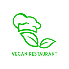 Poster - Concepto dieta vegana verde. Logo lineal con texto Vegan Restaurant con silueta de sombrero de chef y hoja de planta