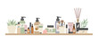 Beauty natural cosmetic standing on shelf flat vector illustration. Bottles, tube, jars, hair shampoo, cream, spa accessories, oil, scrub, serum, gel, lipstick, makeup items on white background