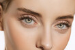 © master1305 - Blue eyes and perfect shapes of eyebrows. Close up portrait of beautiful young girl looking at camera. Concept of cosmetics, makeup, eco treatment, skin care.