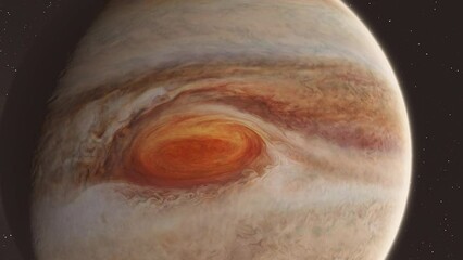 Wall Mural - Slow Passby of Planet Jupiter and Big Red Eye Storm with Milky Way Galaxy and Stars Background 4K