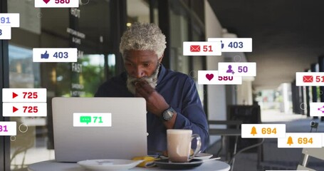Poster - Animation of media icons over african american businessman in office