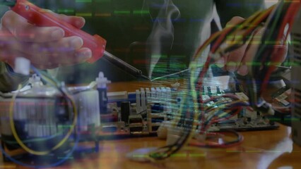 Poster - Animation of light spots over caucasian male worker in workshop