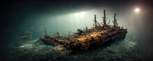 Sunken Frigate Ship As Old Wreck Laying On Ocean Floor Underwater