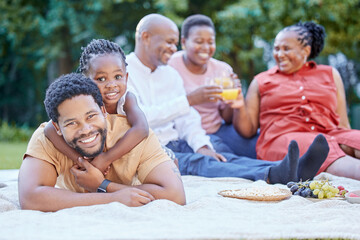 Wall Mural - Black family, picnic and father bonding with girl in nature park and public garden. Portrait of smile, happy or fun man with small child, grandparents and seniors in reunion for health food and drink