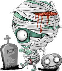 Fototapeta zombie mummy baby monster halloween character with tomb stone and pumpkin clipart isolated on transparent background