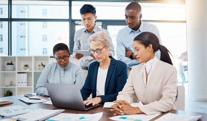 Poster - Manager, laptop and collaboration meeting for team working in digital marketing and advertising. Leadership, planning and strategy for diversity group with ceo, paper documents and chart statistics
