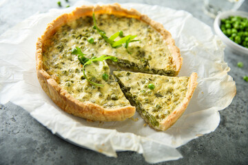 Wall Mural - Homemade green pea quiche with cheese