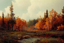 Beautiful Autumn Landscape Scene With A Small River