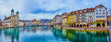 Fashionable Historical Houses On The Banks Of Reuss River Are The Visit Card Of Old Town In Lucerne, Switzerland