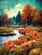 autumn scene with a beautiful river, cartoon style art
