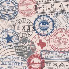  Austin, TX, USA Set of Stamps. Travel Stamp. Made In Product. Design Seals Old Style Insignia.
