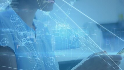 Poster - Animation of network of connections over caucasian woman with smartphone